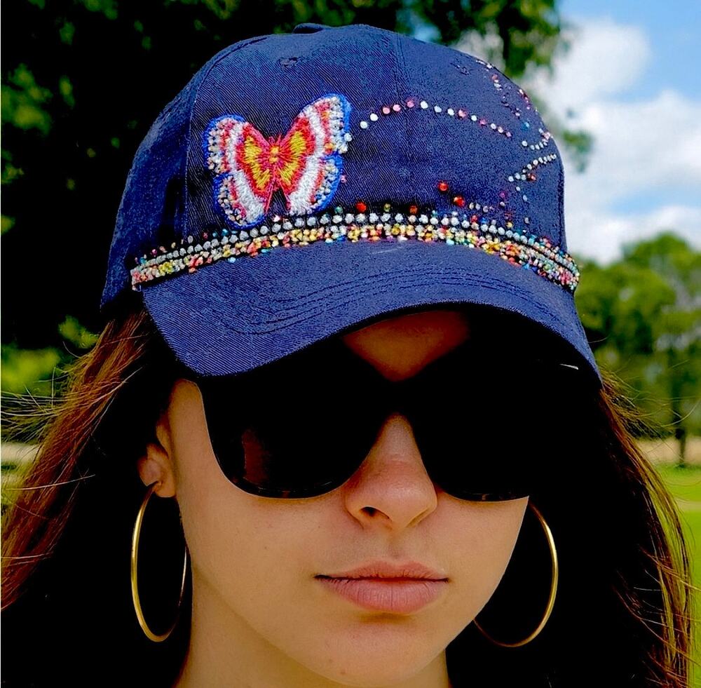 Handmade Ladies Bling Rhinestone accented Butterfly Street Glam Baseball Cap